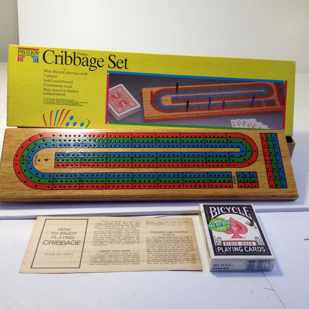 Vintage Pavilion Deluxe Cribbage Game Board and Bicycle Cards